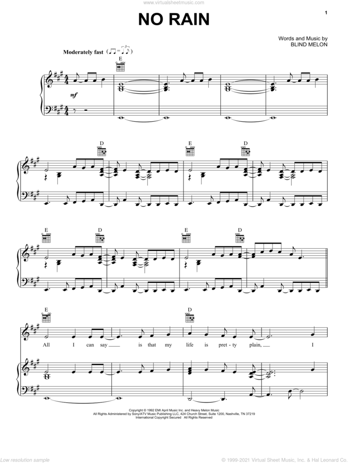 No Rain sheet music for voice, piano or guitar by Blind Melon, intermediate skill level