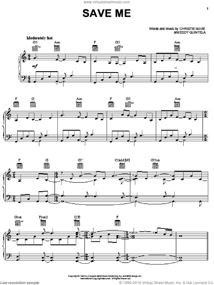 Save Me sheet music for voice, piano or guitar by Christine McVie, Christie McVie and Eddy Quintela, intermediate skill level