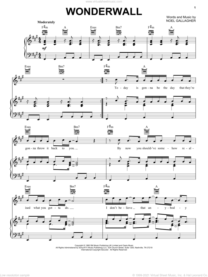 Wonderwall sheet music for voice, piano or guitar by Oasis and Noel Gallagher, intermediate skill level