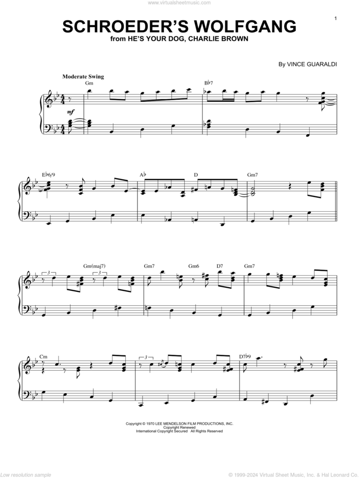Schroeder's Wolfgang sheet music for piano solo by Vince Guaraldi, intermediate skill level