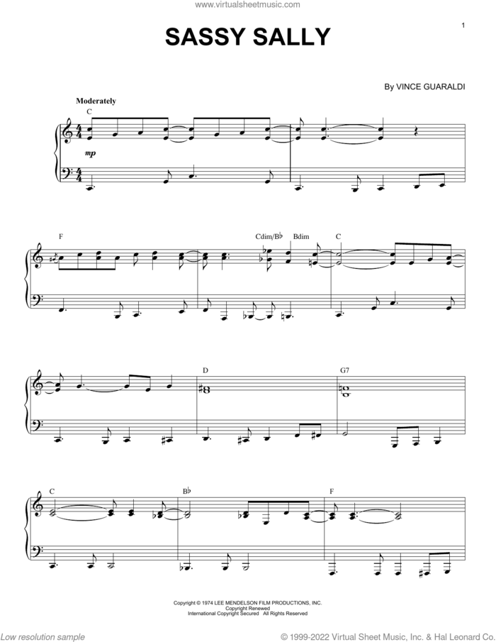 Sassy Sally sheet music for piano solo by Vince Guaraldi, intermediate skill level