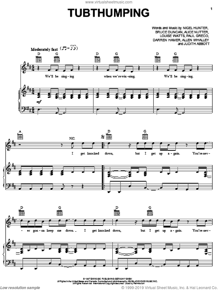 Tubthumping sheet music for voice, piano or guitar by Chumbawamba, Alice Nutter, Bruce Duncan and Nigel Hunter, intermediate skill level