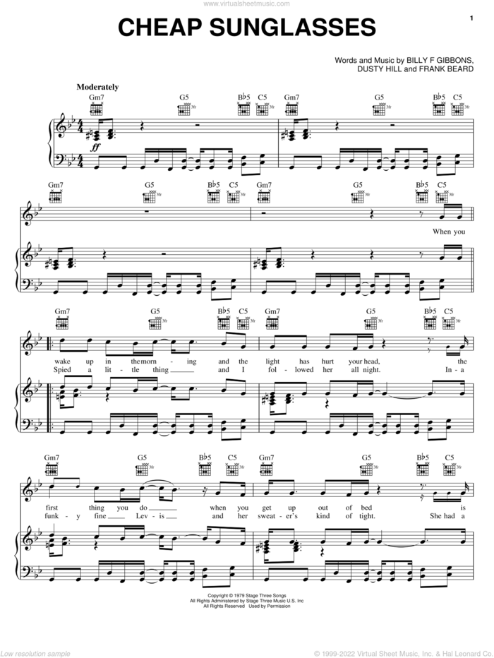 Cheap Sunglasses sheet music for voice, piano or guitar by ZZ Top, Billy Gibbons, Dusty Hill and Frank Beard, intermediate skill level