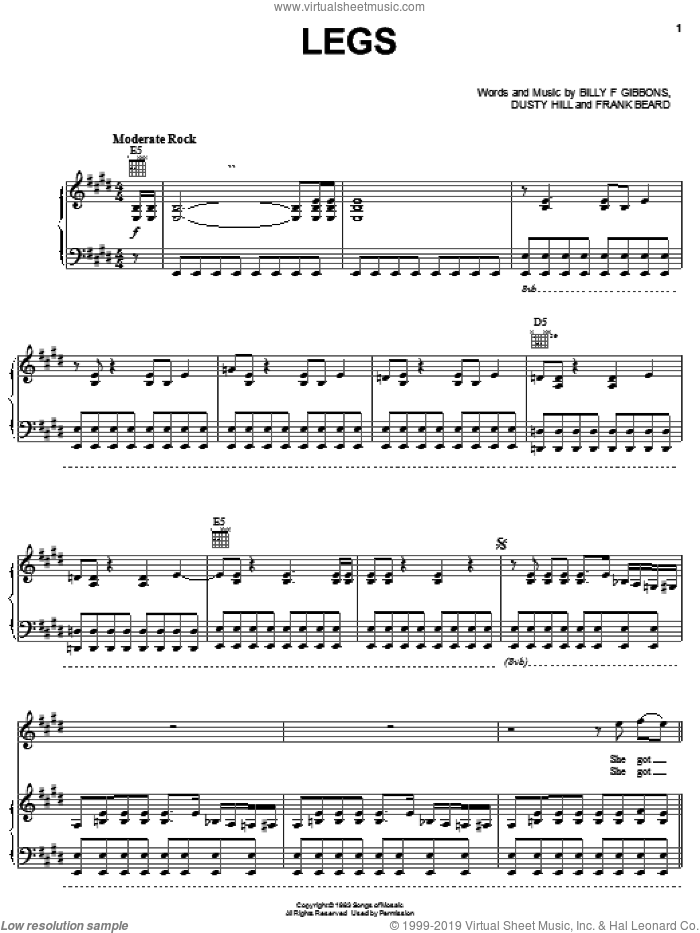 Legs sheet music for voice, piano or guitar by ZZ Top, Billy Gibbons, Dusty Hill and Frank Beard, intermediate skill level