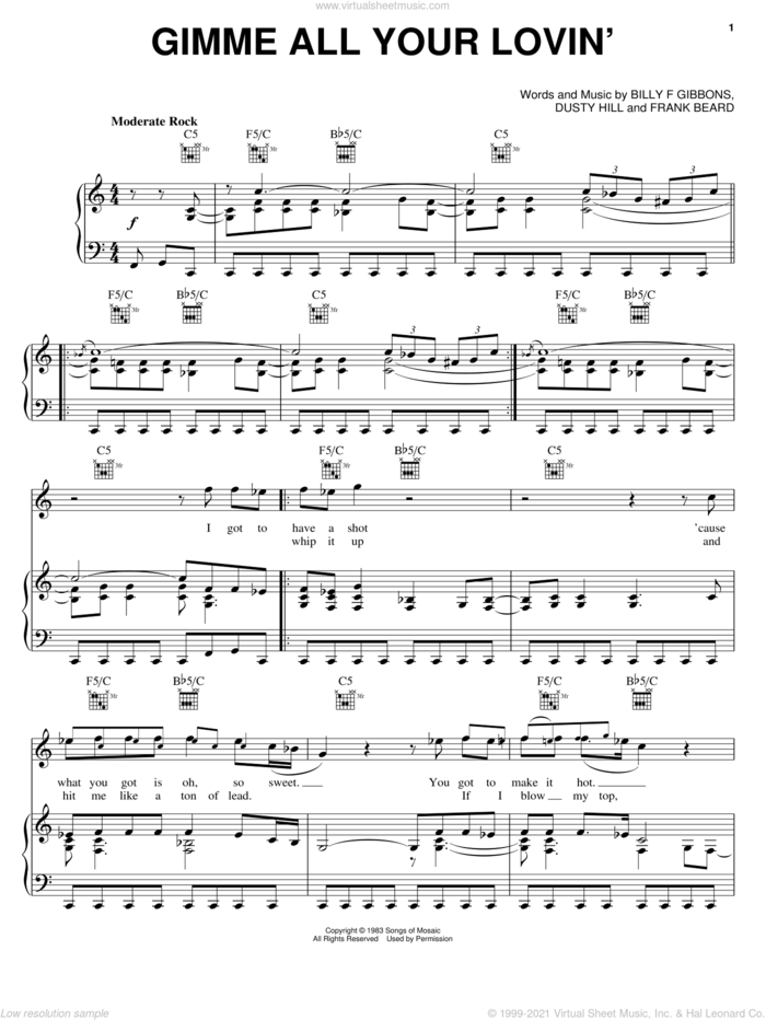 Gimme All Your Lovin' sheet music for voice, piano or guitar by ZZ Top, Billy Gibbons, Dusty Hill and Frank Beard, intermediate skill level