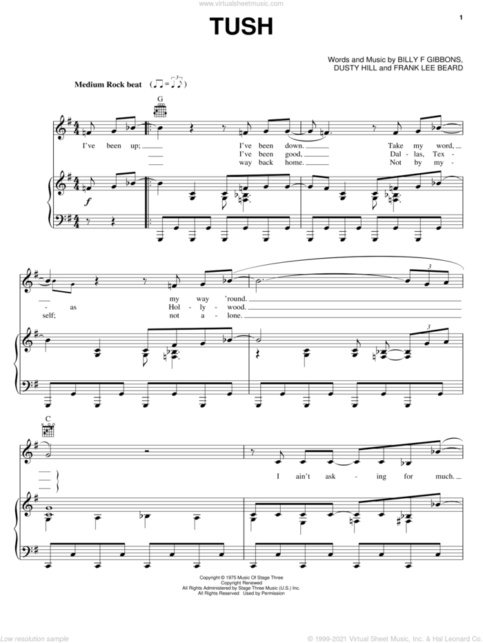 Tush sheet music for voice, piano or guitar by ZZ Top, Billy Gibbons, Dusty Hill and Frank Beard, intermediate skill level