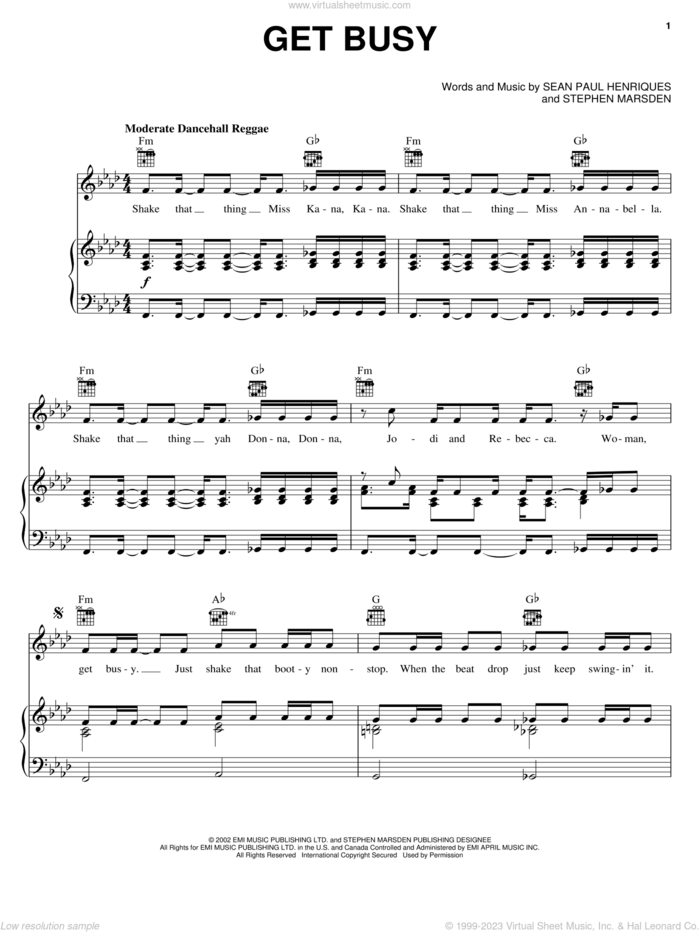 Get Busy sheet music for voice, piano or guitar by Sean Paul, Sean Henriques and Stephen Marsden, intermediate skill level