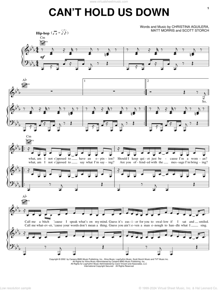 Can't Hold Us Down sheet music for voice, piano or guitar by Christina Aguilera, Matt Morris and Scott Storch, intermediate skill level