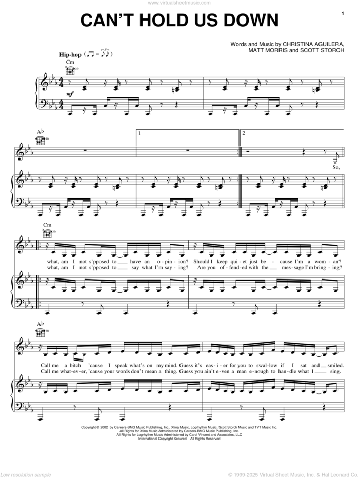 Can't Hold Us Down sheet music for voice, piano or guitar by Christina Aguilera, Matt Morris and Scott Storch, intermediate skill level