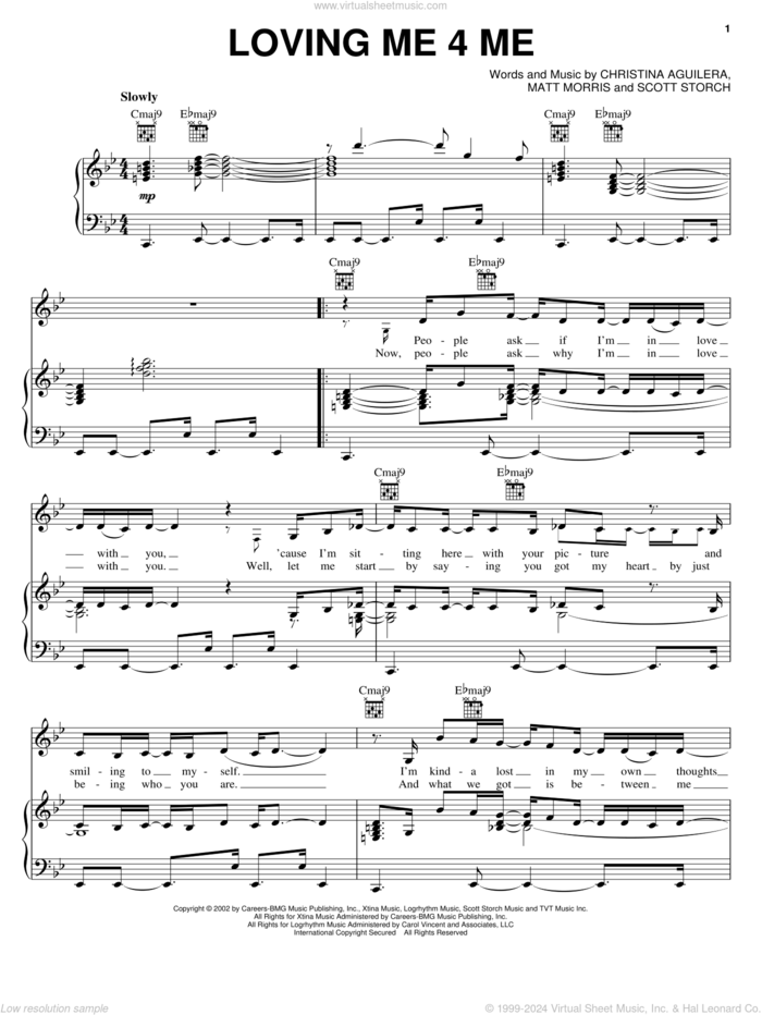 Loving Me 4 Me sheet music for voice, piano or guitar by Christina Aguilera, Matt Morris and Scott Storch, intermediate skill level