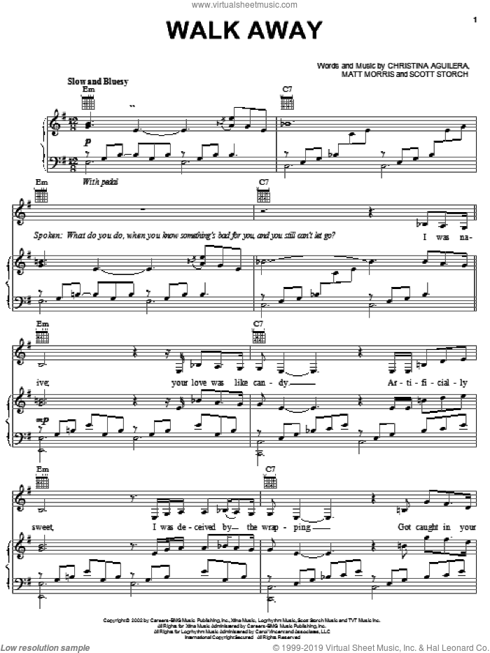 Walk Away sheet music for voice, piano or guitar by Christina Aguilera, Matt Morris and Scott Storch, intermediate skill level