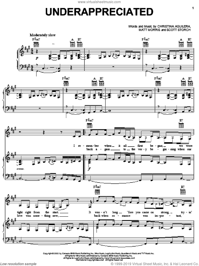 Underappreciated sheet music for voice, piano or guitar by Christina Aguilera, Matt Morris and Scott Storch, intermediate skill level