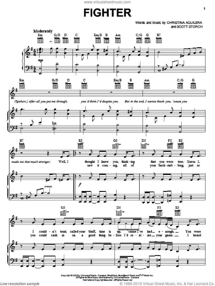 Fighter sheet music for voice, piano or guitar by Christina Aguilera and Scott Storch, intermediate skill level