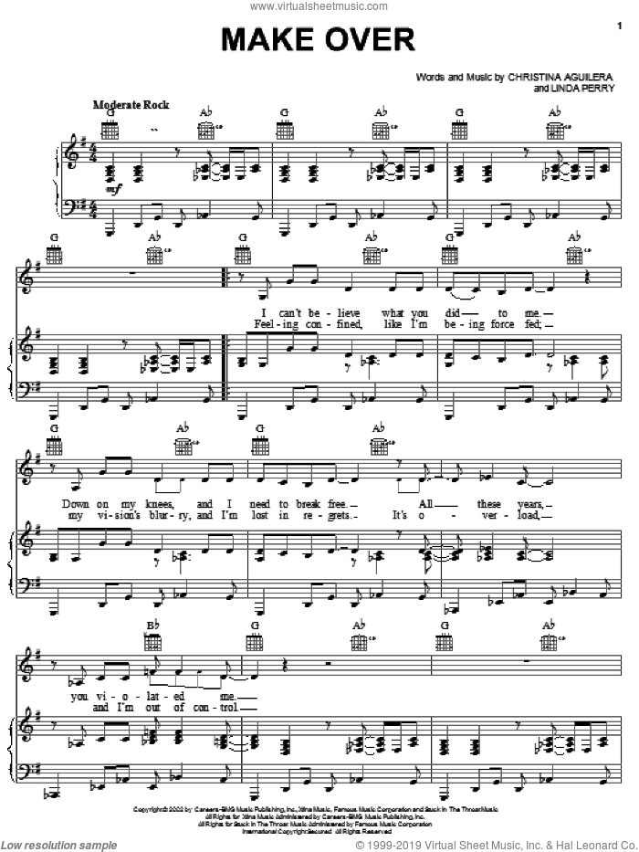 Make Over sheet music for voice, piano or guitar by Christina Aguilera and Linda Perry, intermediate skill level