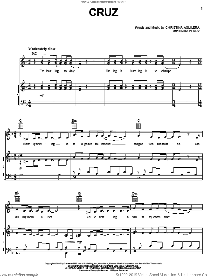 Cruz sheet music for voice, piano or guitar by Christina Aguilera and Linda Perry, intermediate skill level