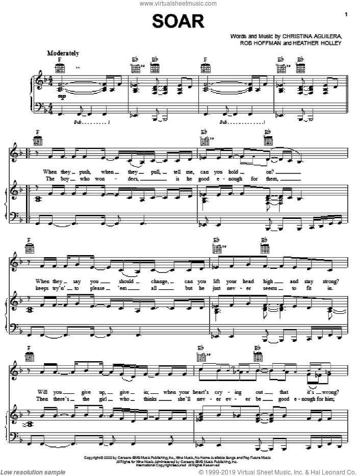 Soar sheet music for voice, piano or guitar by Christina Aguilera, Heather Holley and Rob Hoffman, intermediate skill level
