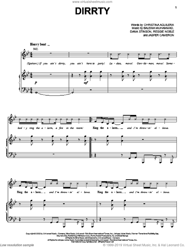 Dirrty sheet music for voice, piano or guitar by Christina Aguilera, Dana Stinson and Jasper Cameron, intermediate skill level