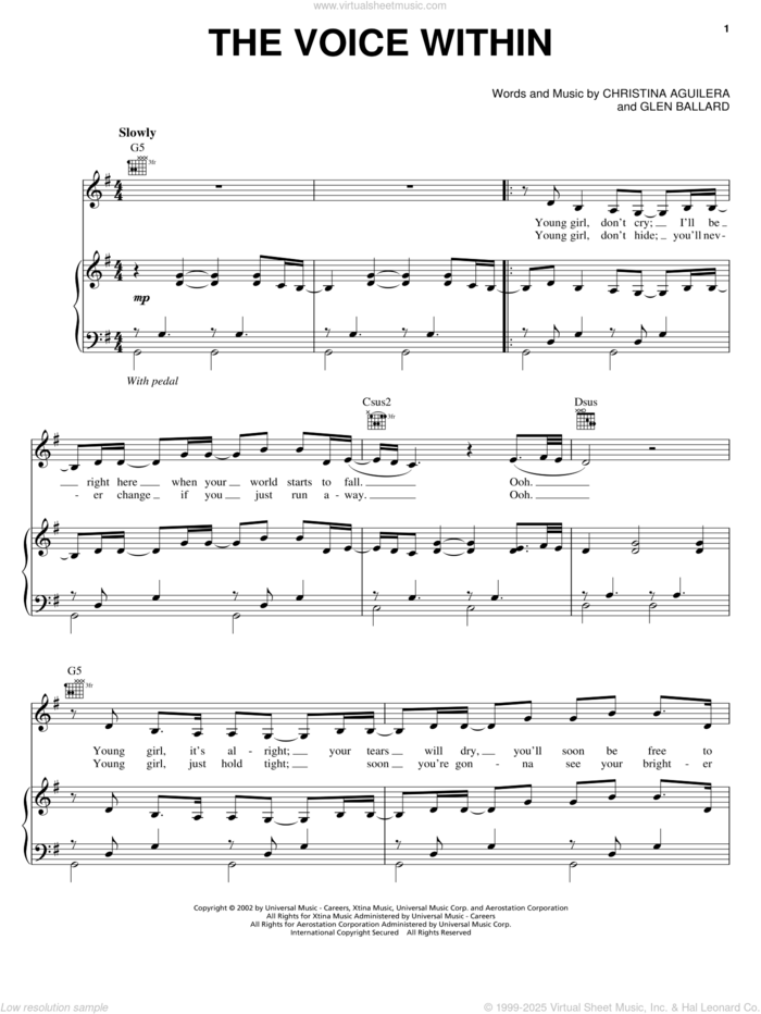 The Voice Within sheet music for voice, piano or guitar by Christina Aguilera and Glen Ballard, intermediate skill level