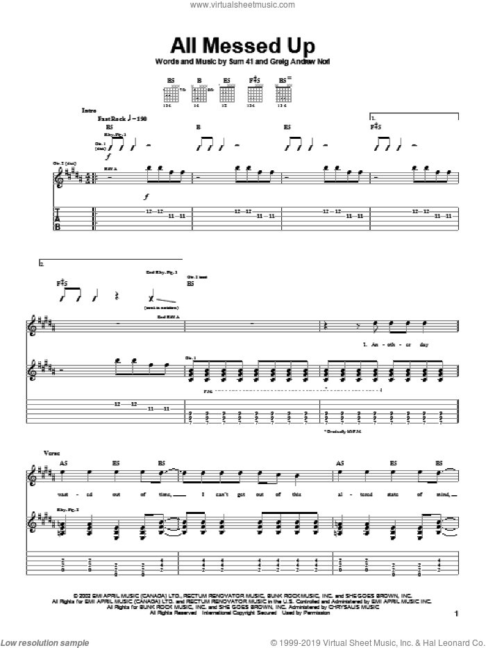 All Messed Up sheet music for guitar (tablature) by Sum 41 and Greig Nori, intermediate skill level
