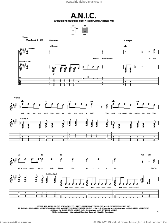 A.N.I.C. sheet music for guitar (tablature) by Sum 41 and Greig Nori, intermediate skill level