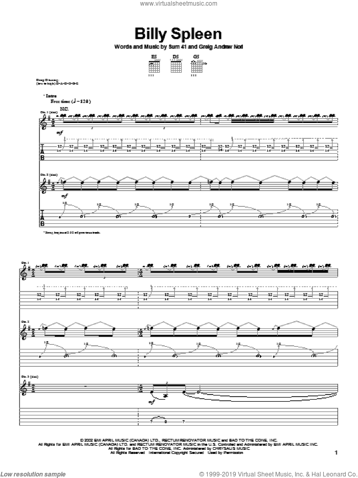 Billy Spleen sheet music for guitar (tablature) by Sum 41 and Greig Nori, intermediate skill level