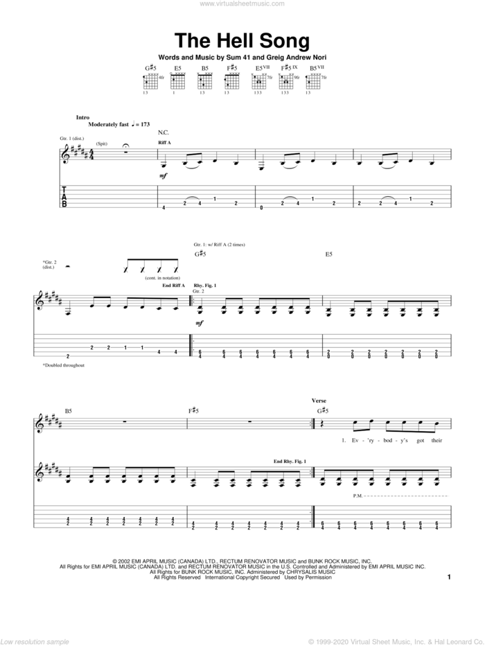The Hell Song sheet music for guitar (tablature) by Sum 41 and Greig Nori, intermediate skill level