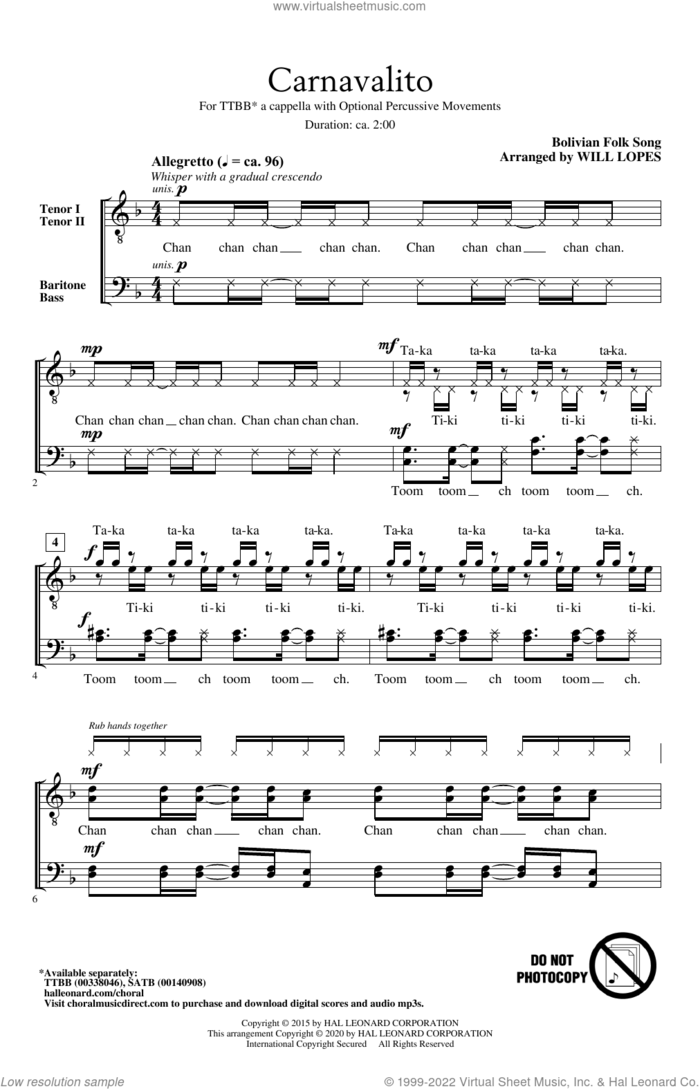 Carnavalito (arr. Will Lopes) sheet music for choir (TTBB: tenor, bass) by Bolivian Folk Song and Will Lopes, intermediate skill level