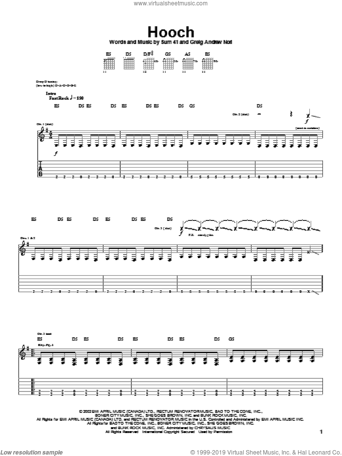 Hooch sheet music for guitar (tablature) by Sum 41 and Greig Nori, intermediate skill level