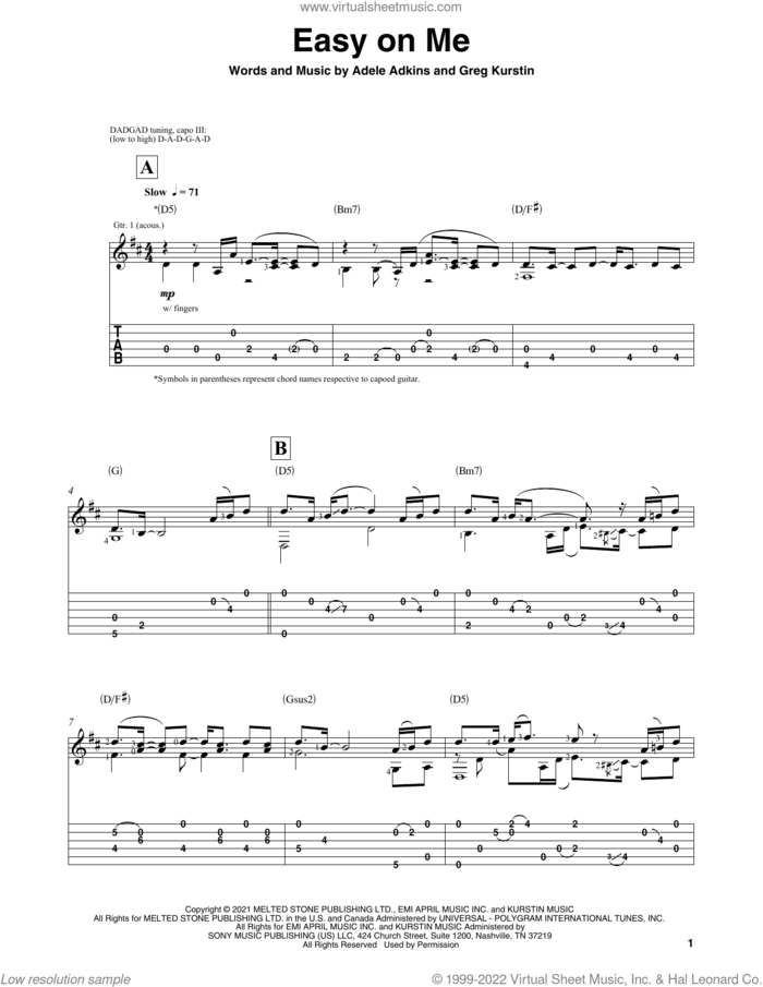 Easy On Me sheet music for guitar solo by Adele, Adele Adkins and Greg Kurstin, intermediate skill level