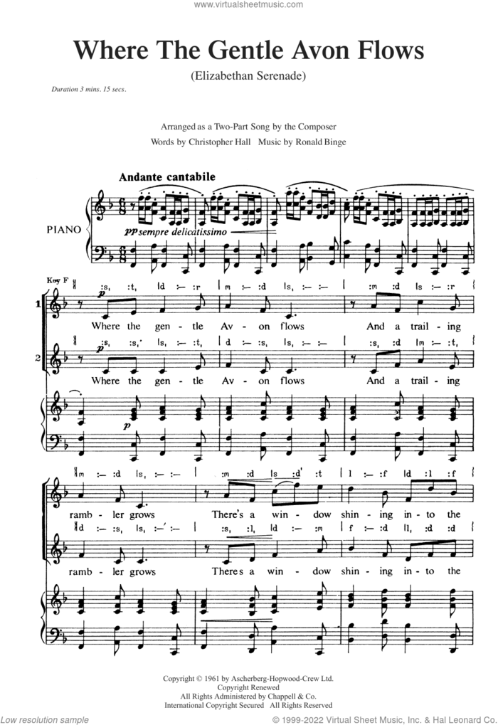 Where The Gentle Avon Flows (Elizabethan Serenade) sheet music for choir (2-Part) by Ronald Binge and Christopher Hall, classical score, intermediate duet