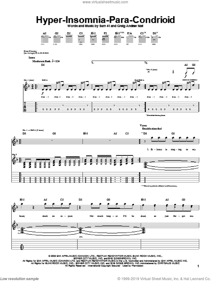 Hyper-Insomnia-Para-Condrioid sheet music for guitar (tablature) by Sum 41 and Greig Nori, intermediate skill level
