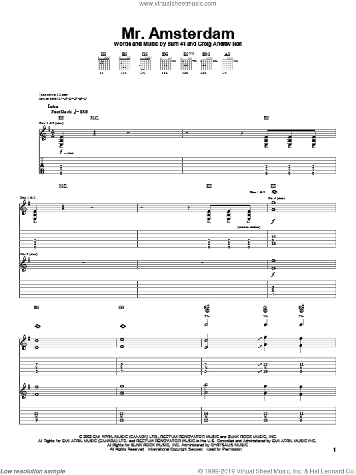 Mr. Amsterdam sheet music for guitar (tablature) by Sum 41 and Greig Nori, intermediate skill level