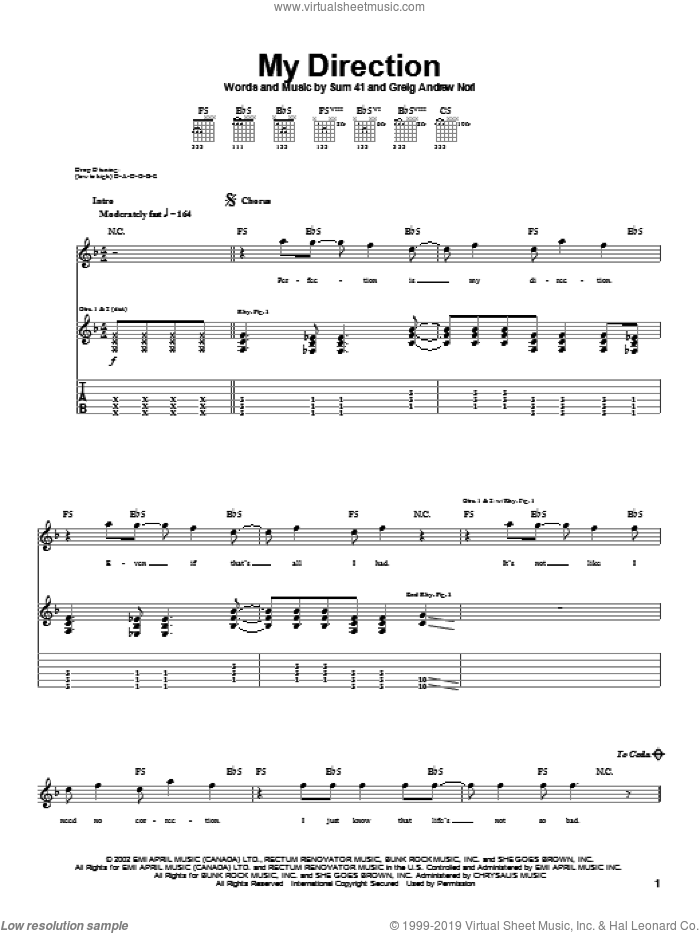 My Direction sheet music for guitar (tablature) by Sum 41 and Greig Nori, intermediate skill level
