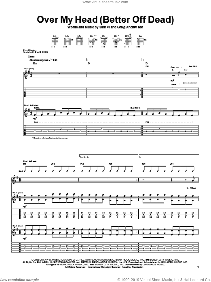 Over My Head (Better Off Dead) sheet music for guitar (tablature) by Sum 41 and Greig Nori, intermediate skill level