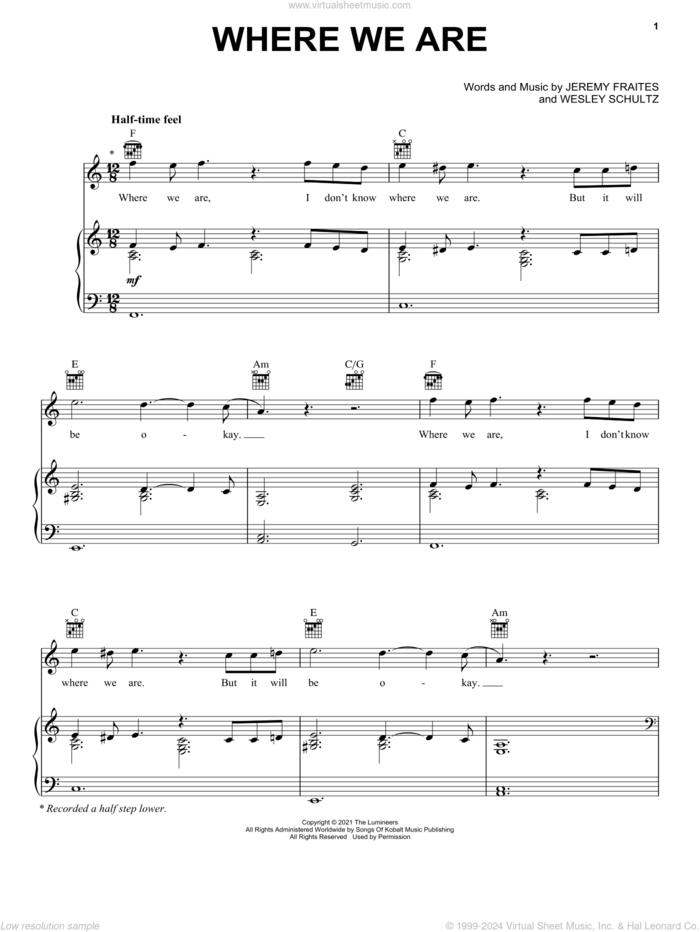 WHERE WE ARE sheet music for voice, piano or guitar by The Lumineers, Jeremy Fraites and Wesley Schultz, intermediate skill level