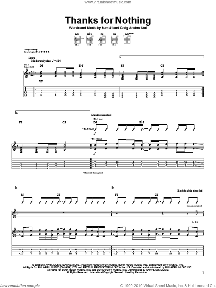 Thanks For Nothing sheet music for guitar (tablature) by Sum 41 and Greig Nori, intermediate skill level