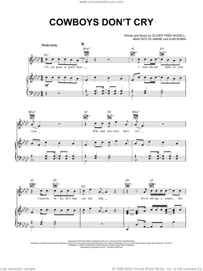 Cowboys Don't Cry sheet music for voice, piano or guitar by Oliver Tree, Ilan Rubin, Imad Roy El-Amine and Oliver Tree Nickell, intermediate skill level