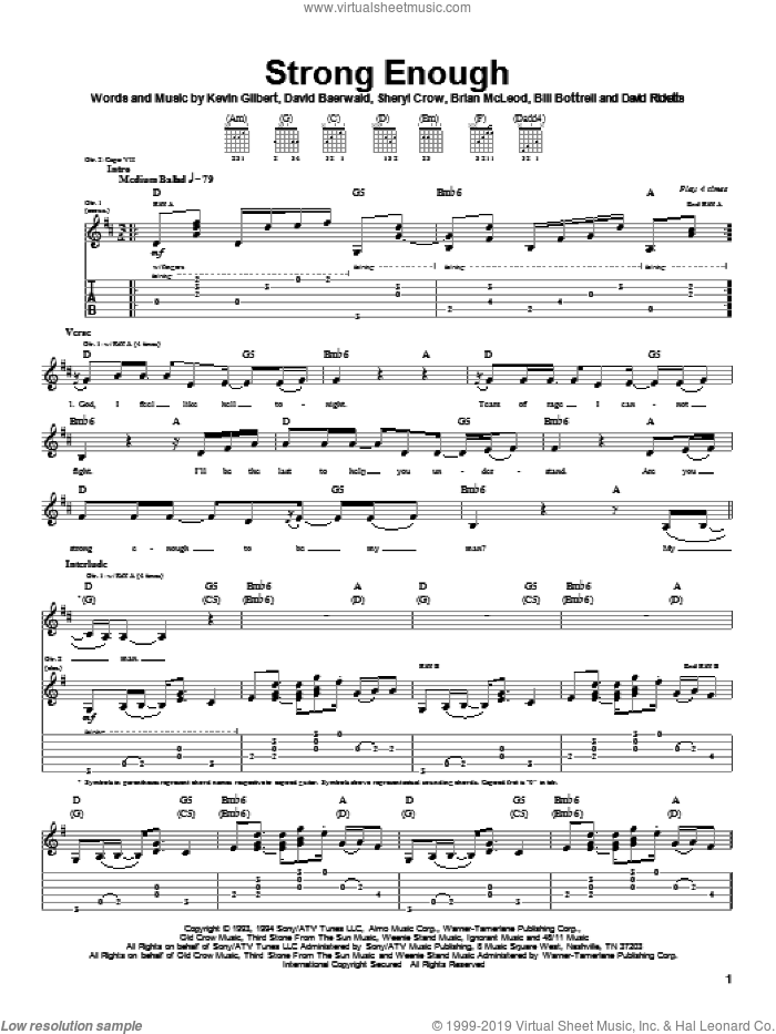 Strong Enough sheet music for guitar (tablature) by Sheryl Crow, Brian MacLeod and Kevin Gilbert, intermediate skill level