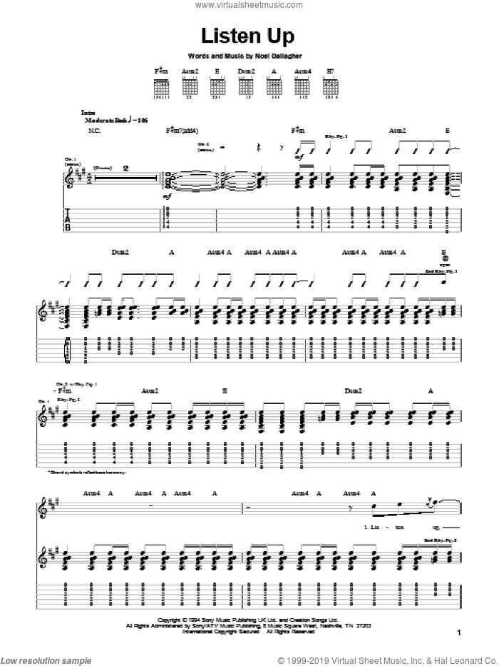 Listen Up sheet music for guitar (tablature) by Oasis and Noel Gallagher, intermediate skill level
