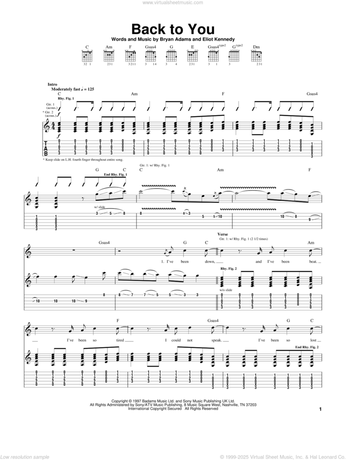 Back To You sheet music for guitar (tablature) by Bryan Adams and Eliot Kennedy, intermediate skill level