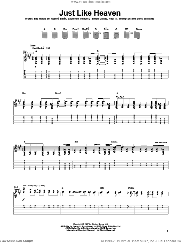 Just Like Heaven sheet music for guitar (tablature) by The Cure, Laurence Tolhurst, Robert Smith and Simon Gallup, intermediate skill level