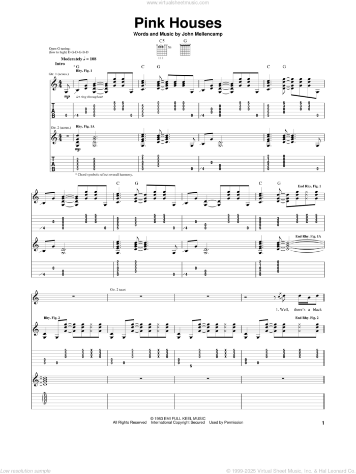 Pink Houses sheet music for guitar (tablature) by John Mellencamp, intermediate skill level