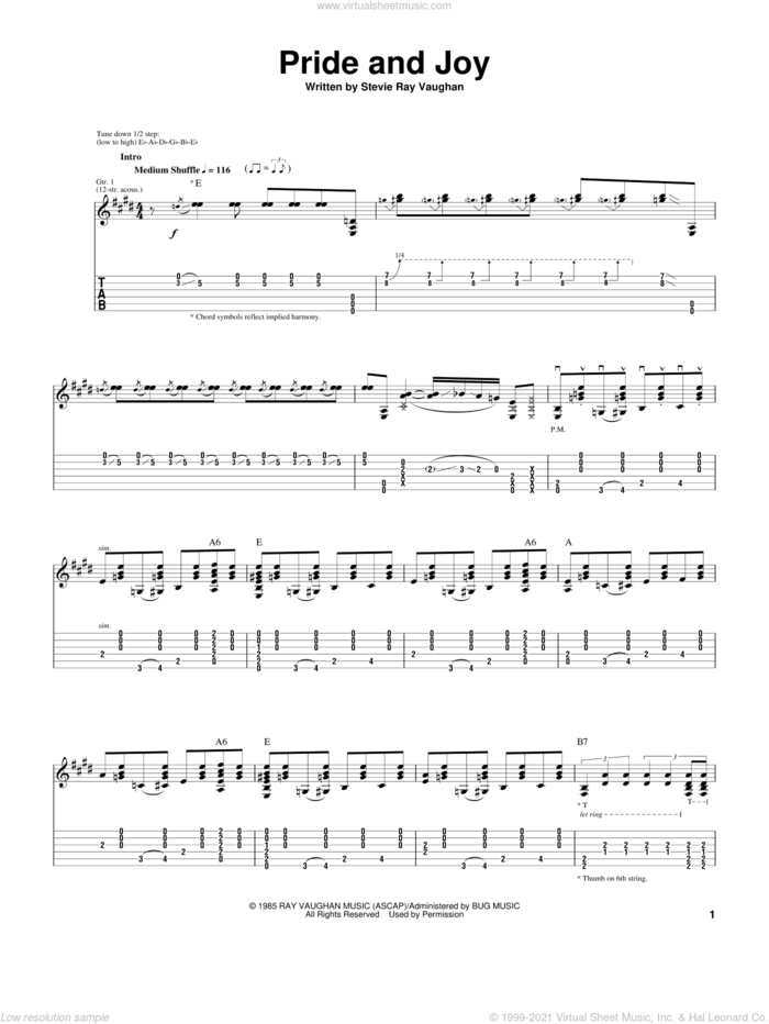 Pride And Joy (acoustic version) sheet music for guitar (tablature) by Stevie Ray Vaughan, intermediate skill level
