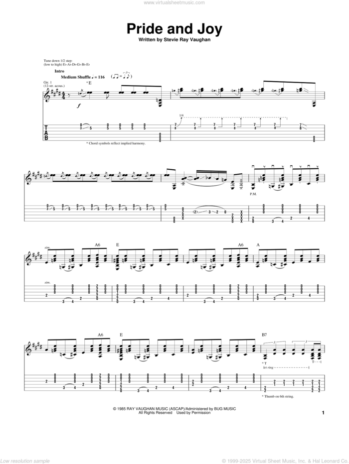 Pride And Joy (acoustic version) sheet music for guitar (tablature) by Stevie Ray Vaughan, intermediate skill level