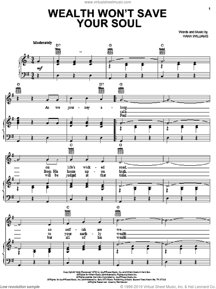 Wealth Won't Save Your Soul sheet music for voice, piano or guitar by Hank Williams, intermediate skill level