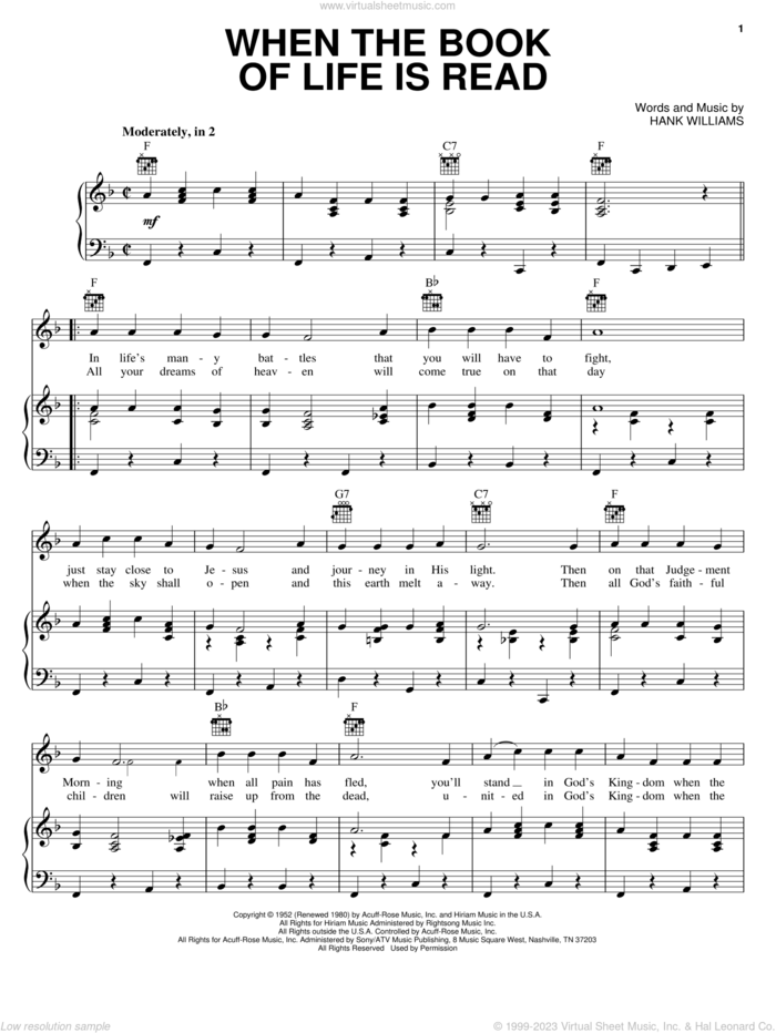 When The Book Of Life Is Read sheet music for voice, piano or guitar by Hank Williams, intermediate skill level