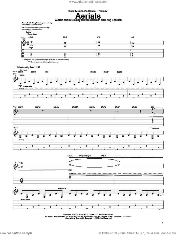 Aerials sheet music for guitar (tablature) by System Of A Down, Daron Malakian and Serj Tankian, intermediate skill level