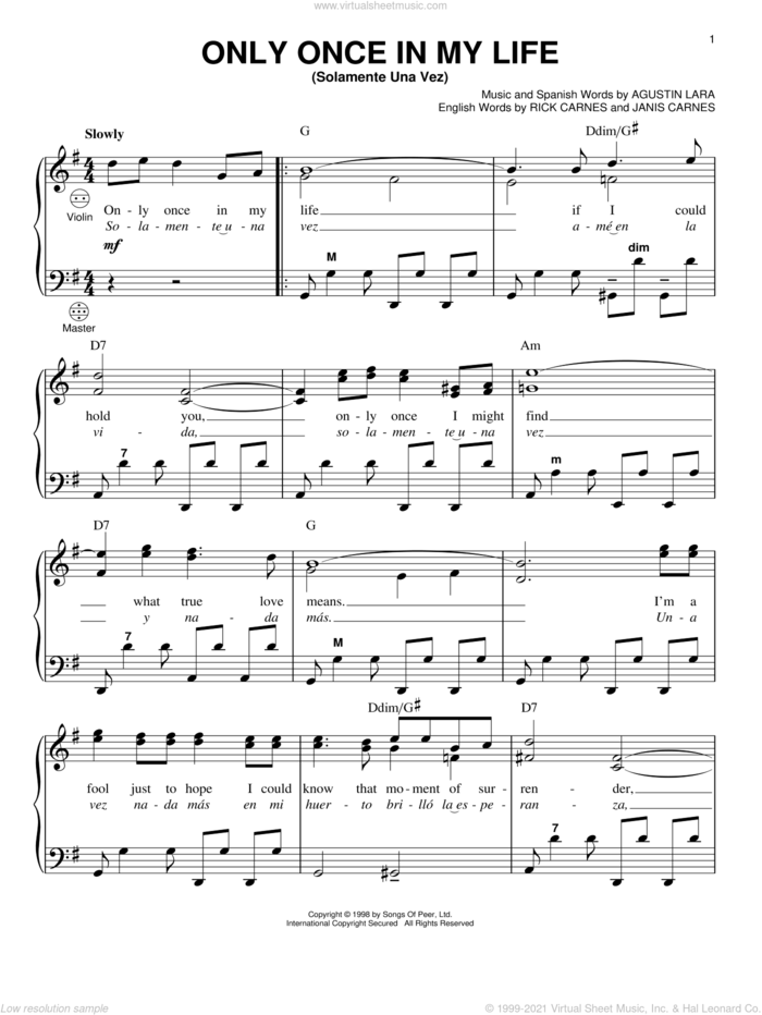 Only Once In My Life (Solamente Una Vez) sheet music for accordion by Agustin Lara, Gary Meisner, Janis Carnes and Rick Carnes, intermediate skill level