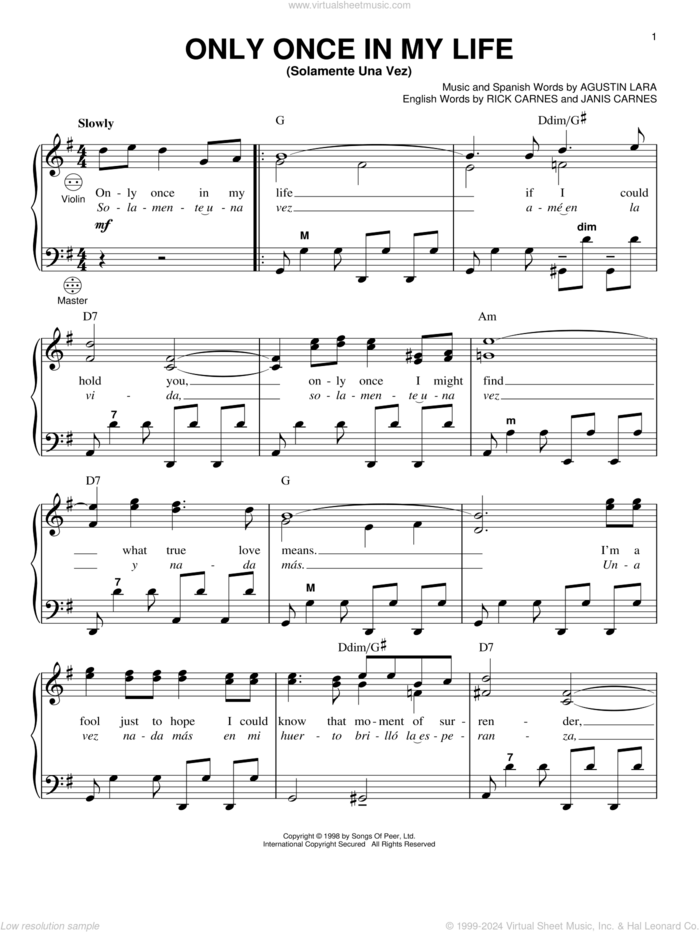 Only Once In My Life (Solamente Una Vez) sheet music for accordion by Agustin Lara, Gary Meisner, Janis Carnes and Rick Carnes, intermediate skill level