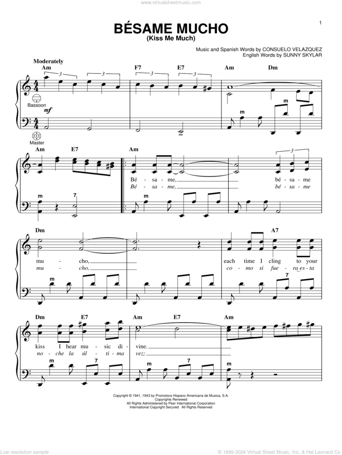 Besame Mucho (Kiss Me Much) sheet music for accordion by Consuelo Velazquez, Gary Meisner and Sunny Skylar, intermediate skill level